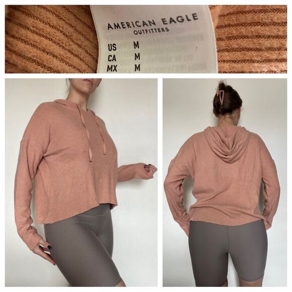 American Eagle Ribbed Hoodie Pullover Super Soft Peach Medium Athleisure - Picture 2 of 11